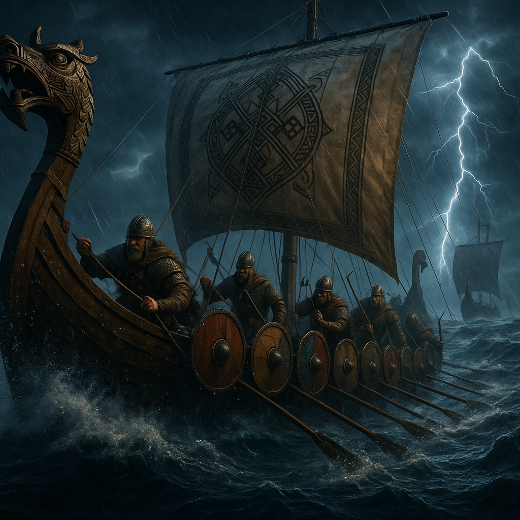Viking longship crew rowing through a lightning storm at sea