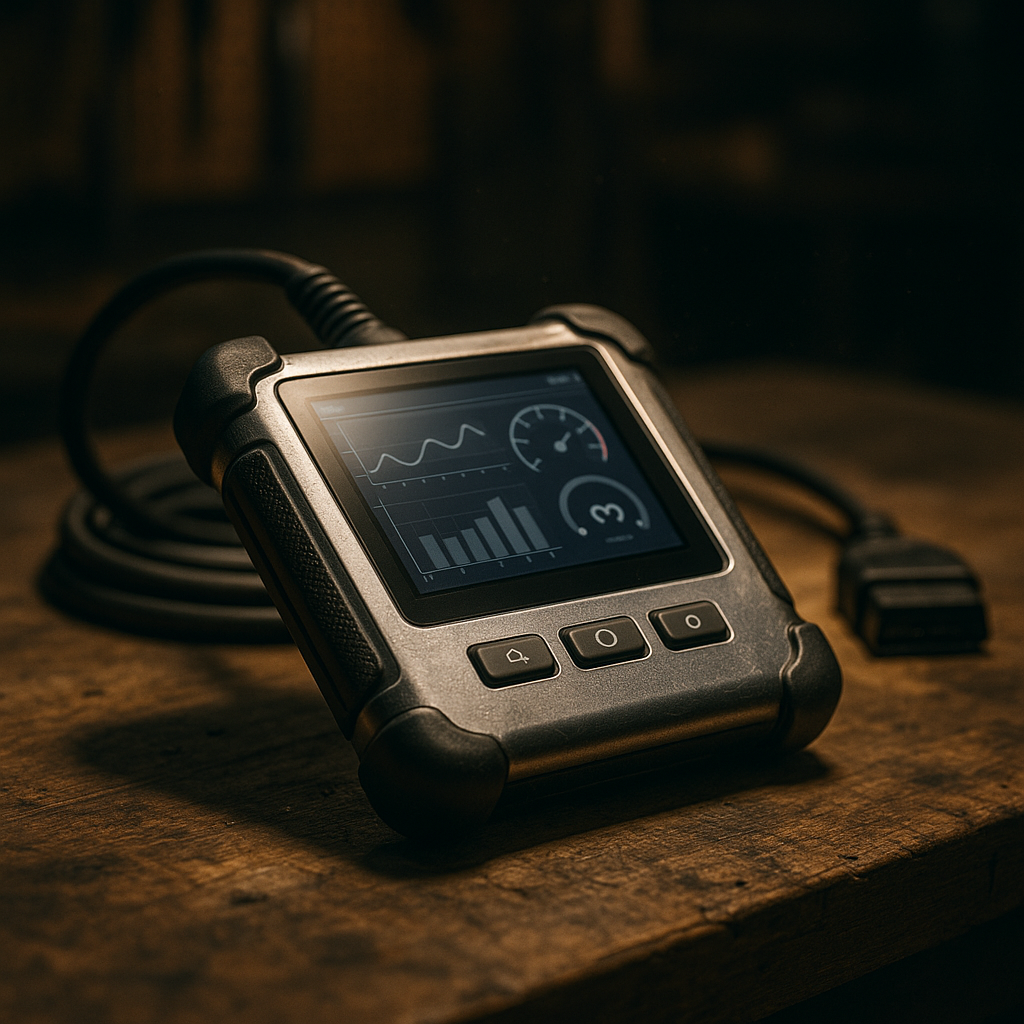 Handheld automotive scan tool glowing on a workbench