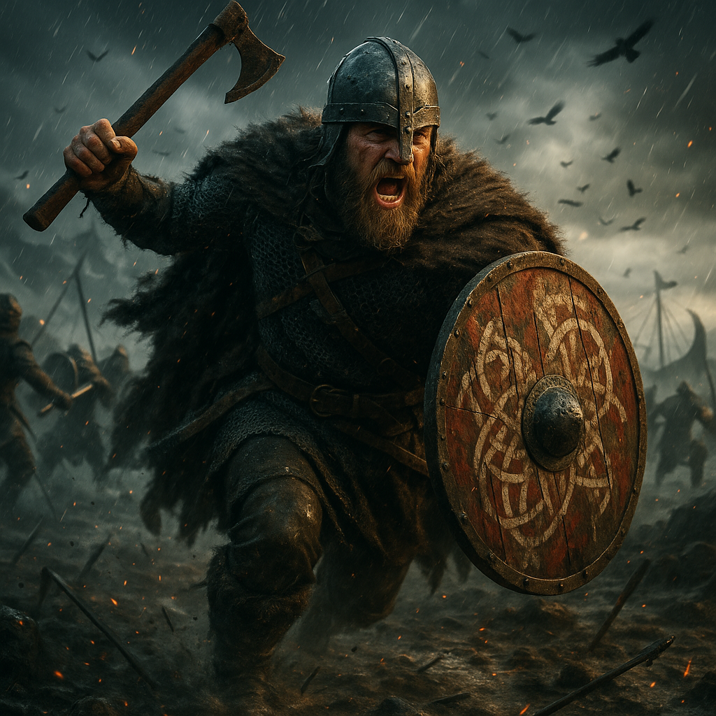Armored Norse warrior charging through rain and ravens in battle