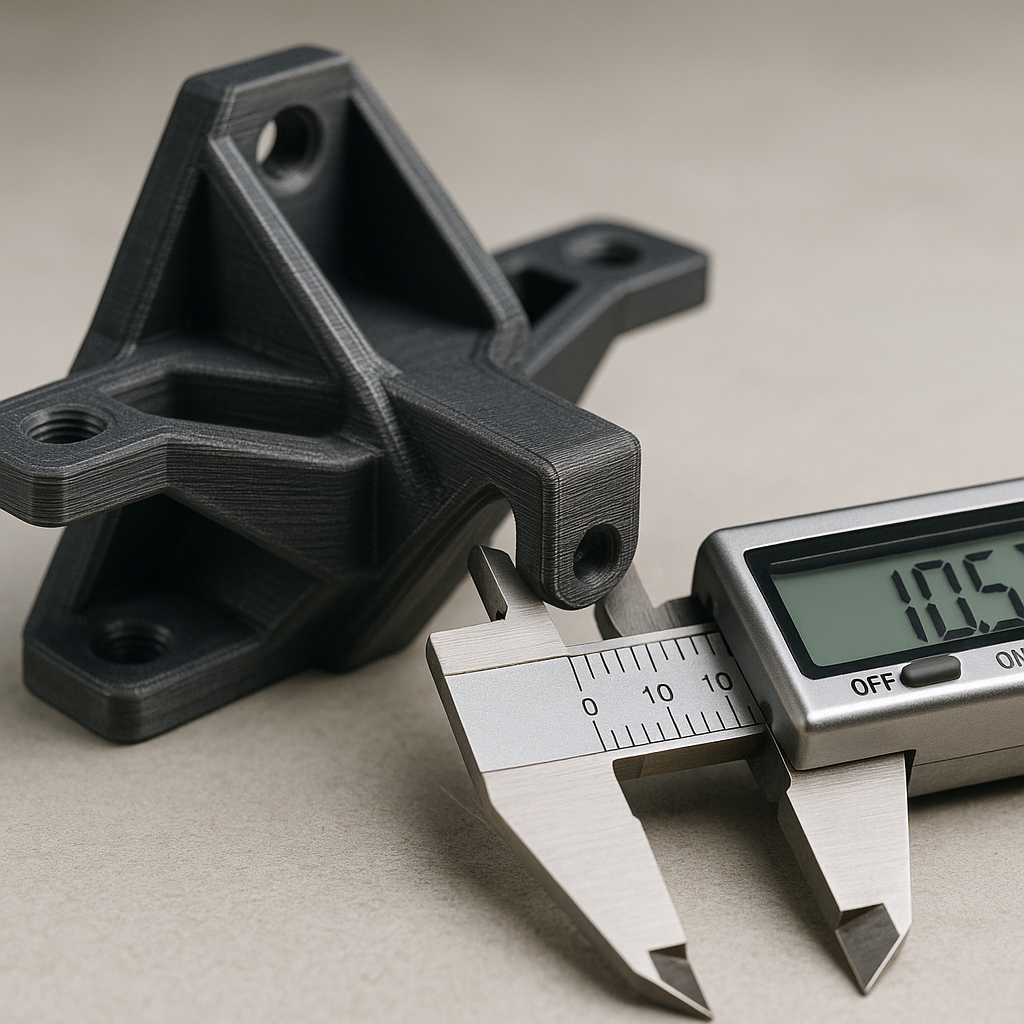 Macro close-up of a 3D-printed bracket beside digital calipers