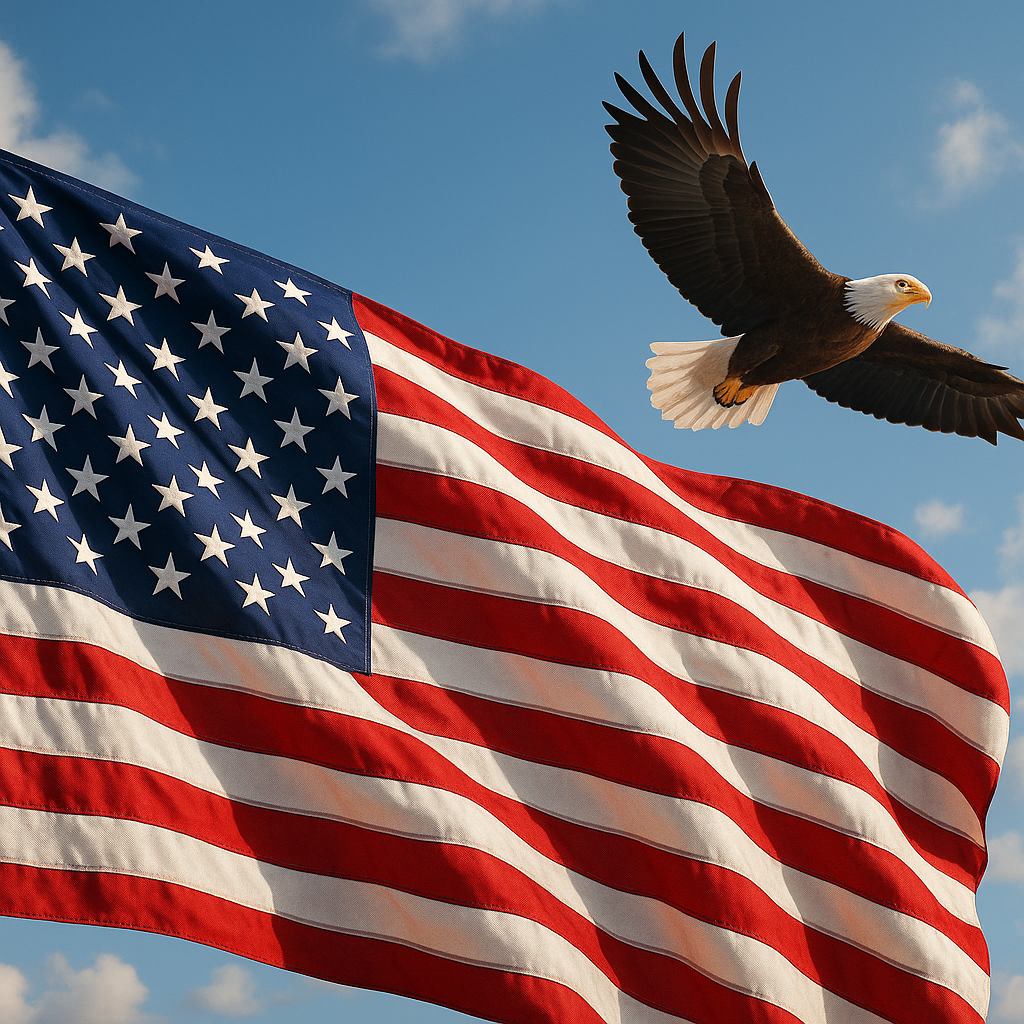 American flag rippling in the wind beside a bald eagle in flight