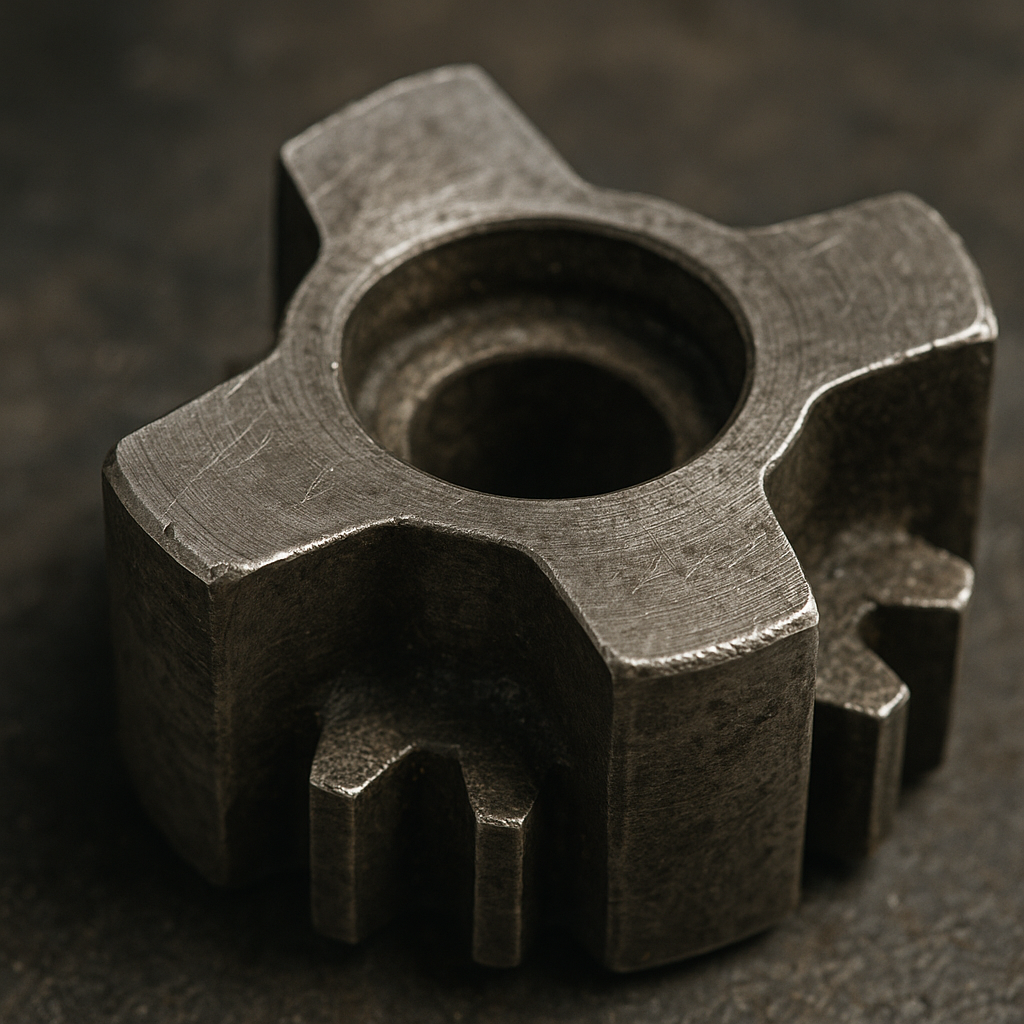 Moody macro of a worn steel machine part in dramatic low light