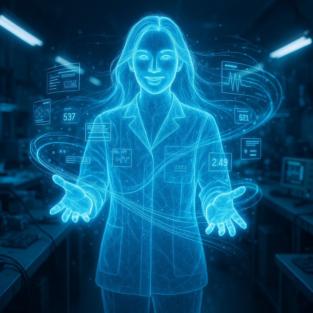 Glowing holographic technician surrounded by floating diagnostic readouts